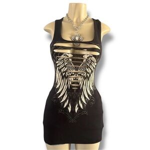 Black Graphic Cutout Tank Top with Angel Wings